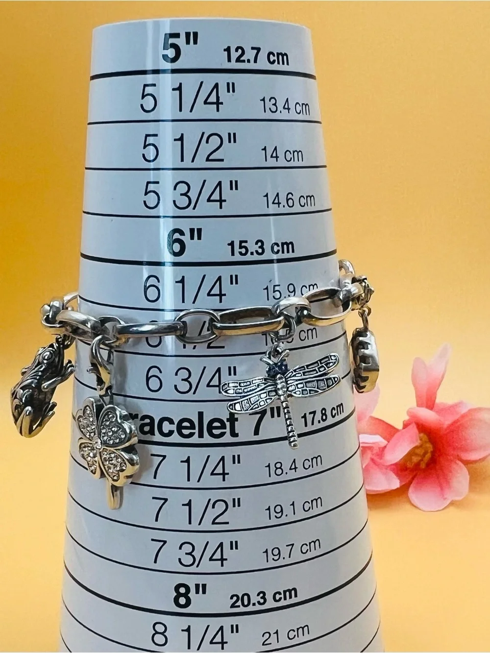 Silver Charm Bracelet with Clover & Dragonfly stamped .925
